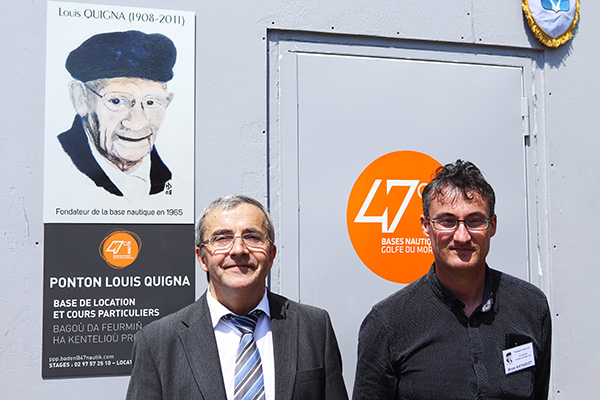 28 mai 2016: Inauguration du ponton "Louis Quigna" de la base nautique de Toulindac, Baden, Morbihan Gilbert LORHO ( vice president de la Communauté de Vannes Aglo, chargé des sports et président de la RENVA- régie des équipements de Vannes Aglomération) et Bruno RATHOUIT ( président cmcas Finistère Morbihan©C.Crié/ccas