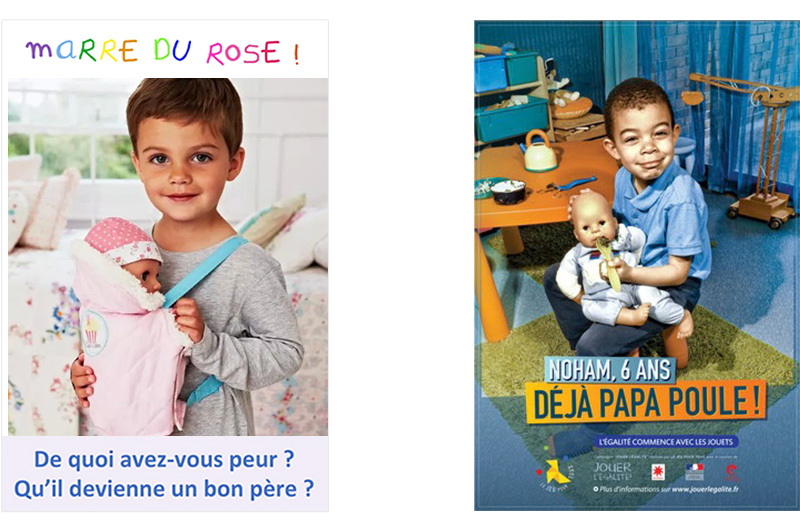 Ci-dessus, 2 affiches en vis-à-vis : un bon père vs papa poule