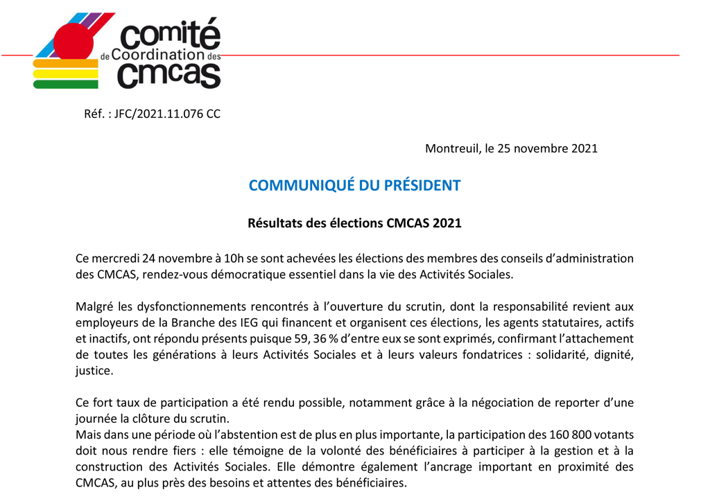 Élections des CMCAS : près de 60 % de participation | Journal des Activités Sociales de l'énergie | Communique du President resultats des elections de CMCAS Novembre 2021