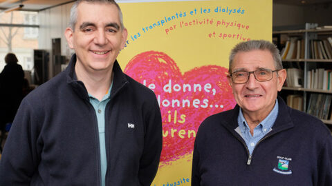 Jean-Baptiste Francillard, agent EDF greffé du foie et parrain de l’équipe des Activités Sociales, et Christian Lienard, greffé du foie et coureur de l’équipe de Trans-Forme, l’association organisatrice de la Course du cœur.