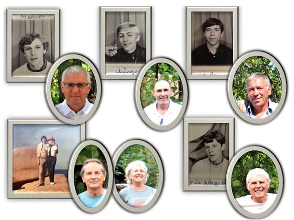 Quatre colons à Trégastel en 1969 et en 2022, lors de leurs retrouvailles avec leurs moniteurs.