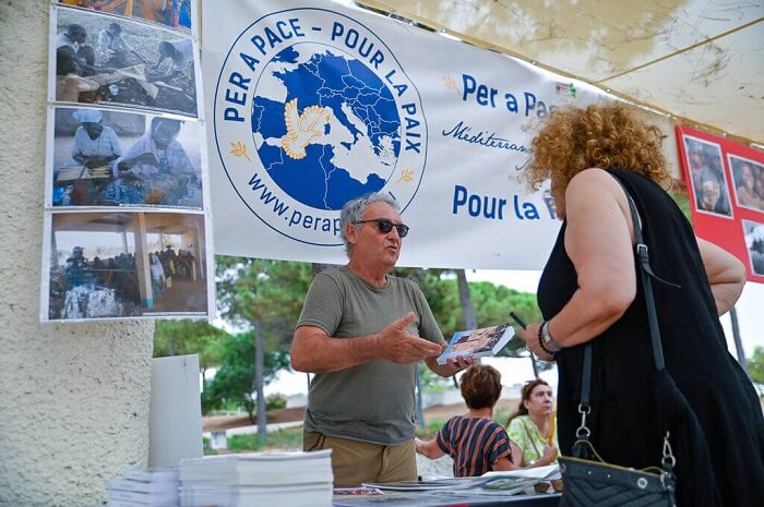 Association Per a Pace. Journée de lancement du projet Mère méditerranée, à l'initiative de l'UT Corse CMCAS-CCAS, juillet 2023.