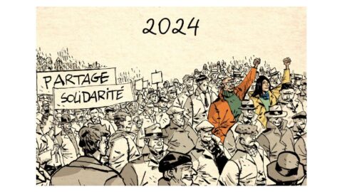 Voeux des Activités Sociales pour l'année 2024, d'après une illustration de Dominique Hennebaut pour la BD "Une histoire de solidarités" sur l'histoire des Activités Sociales de l'énergie.